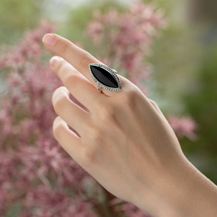 Art Deco Style Marquise Black Onyx & Marcasite Statement Ring in 925 Sterling Silver
