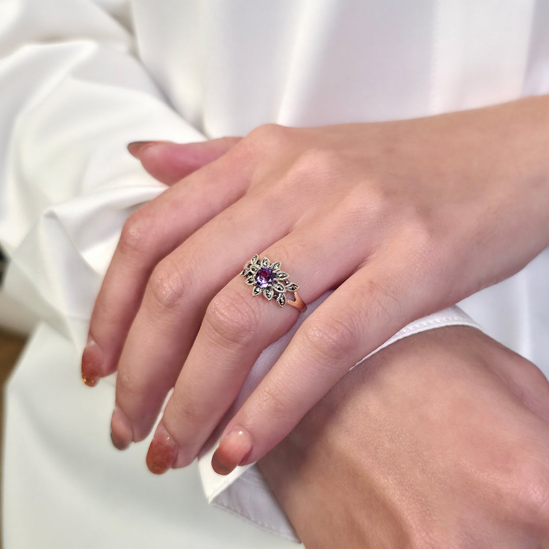 Art Nouveau Style Round Amethyst & Marcasite Floral Ring in 925 Sterling Silver