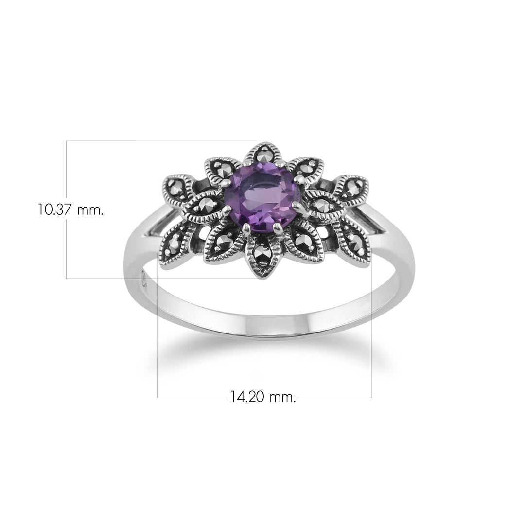 Art Nouveau Style Round Amethyst & Marcasite Floral Ring in 925 Sterling Silver