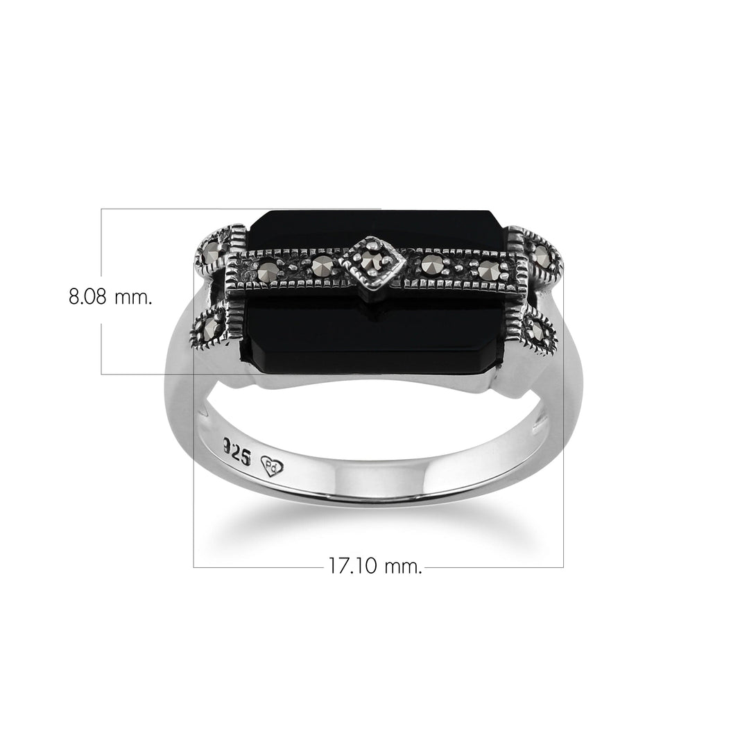 Art Deco Style Rectangle Black Onyx & Marcasite Bar Ring in 925 Sterling Silver