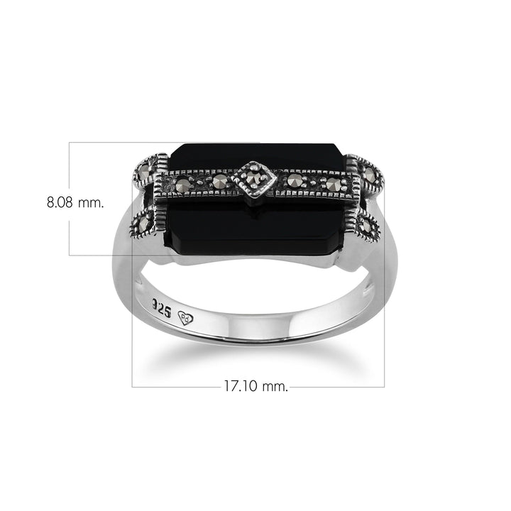 Art Deco Style Rectangle Black Onyx & Marcasite Bar Ring in 925 Sterling Silver