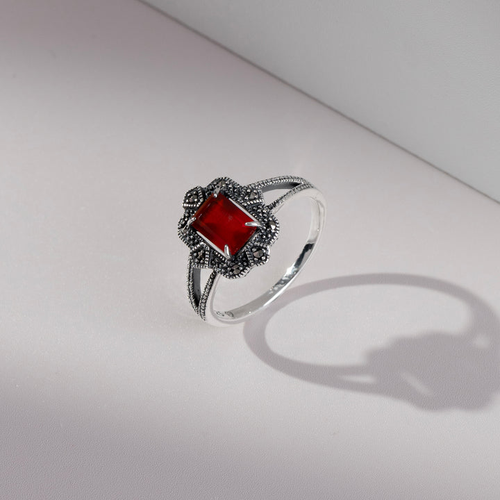 Art Deco Style Baguette Carnelian & Marcasite Ring in 925 Sterling Silver
