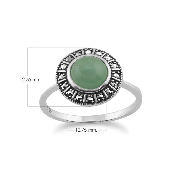 Art Deco Style Round Milky Aquamarine Cabochon & Marcasite Silver  Halo Ring