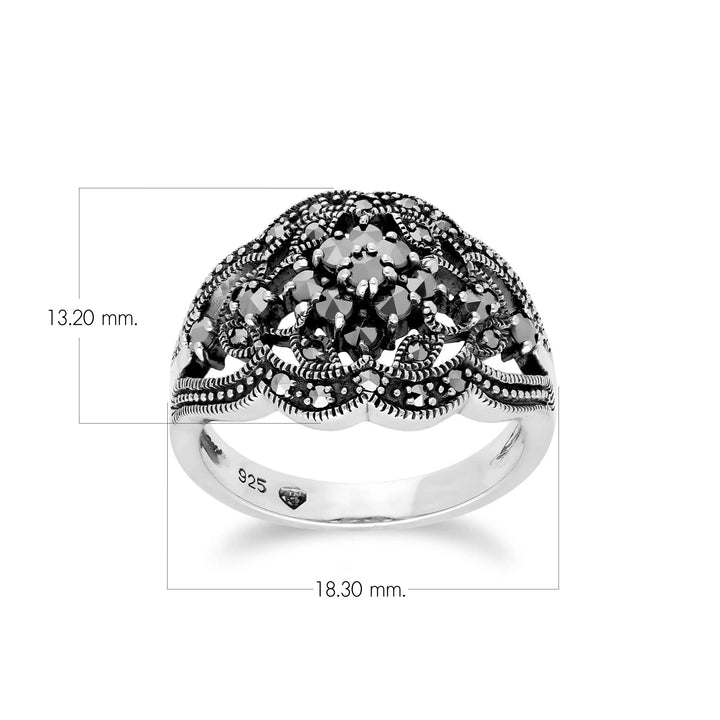 Art Nouveau Style Round Marcasite Cluster Ring in 925 Sterling Silver