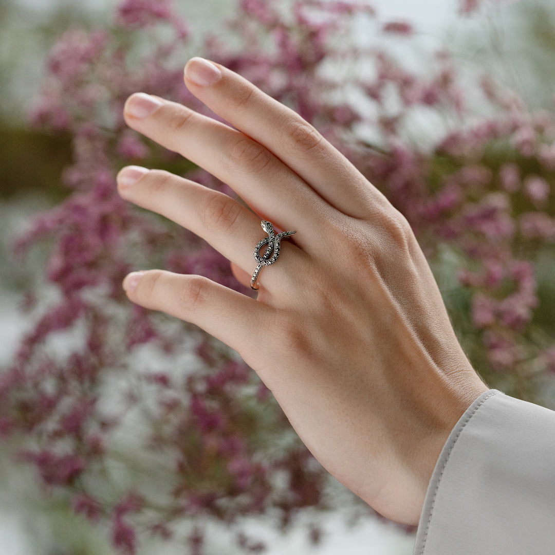 Art Nouveau Style Round Marcasite Snake Wrap Ring in 925 Sterling Silver