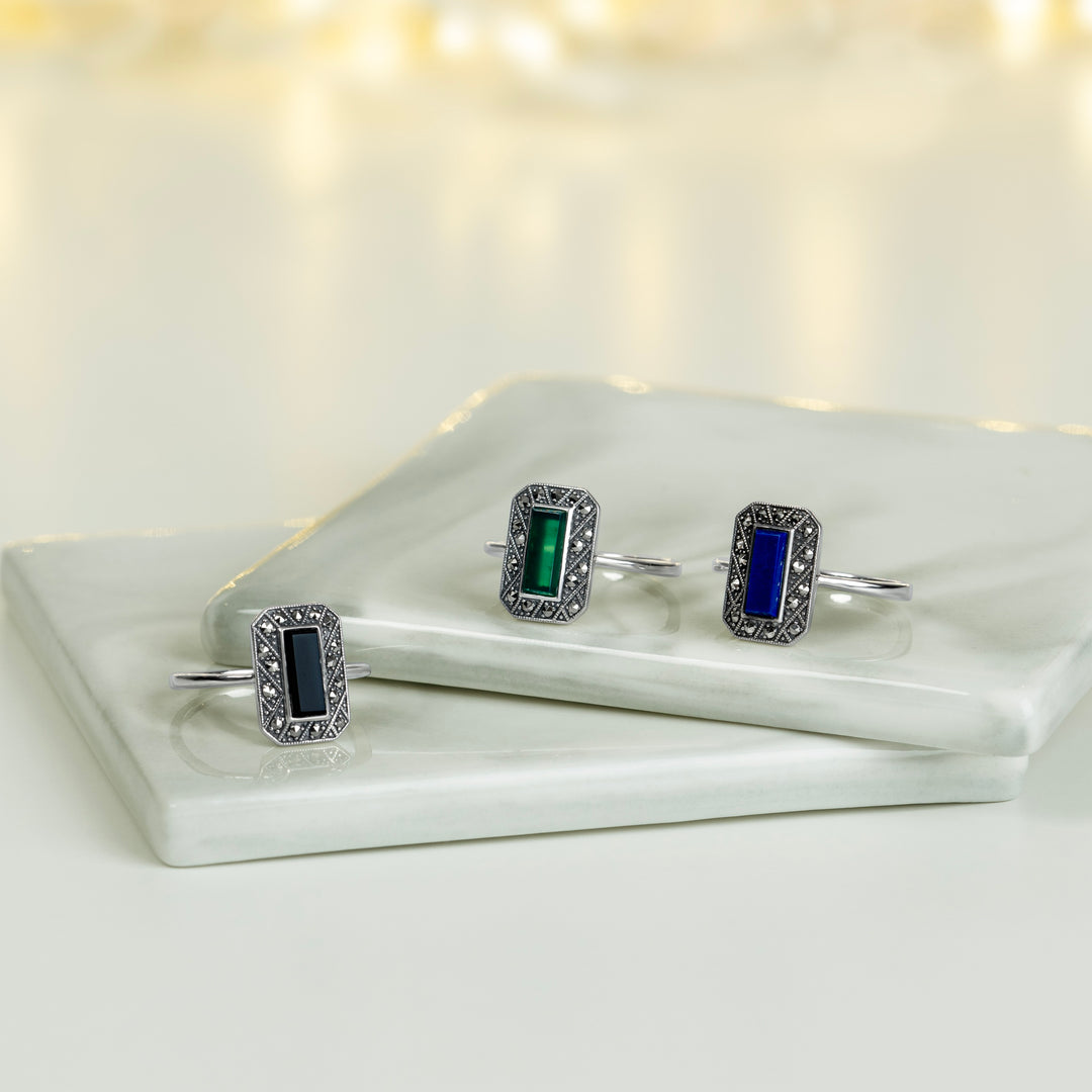 Art Deco Style Rectangle Chalcedony and Marcasite Ring in Sterling Silver