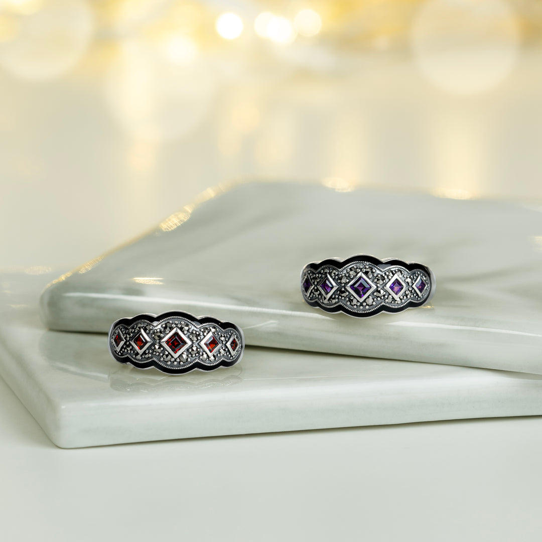 Art Deco Style Square Garnet Five Stone and Marcasite Ring in Sterling Silver