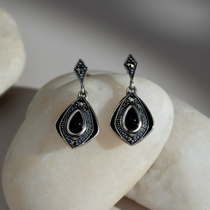 Art Deco Style Kite Onyx and Marcasite Drop Earrings in Sterling Silver