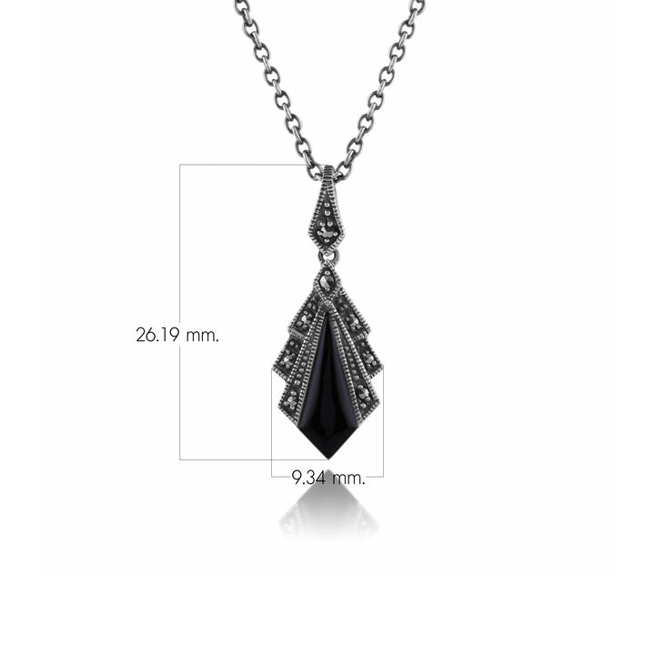 Art Deco Style Black Onyx & Marcasite Pendant in 925 Sterling Silver