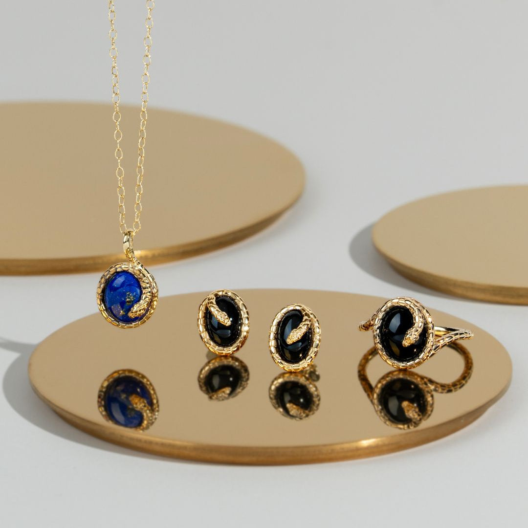 ECFEW™ Oval Lapis Lazuli Winding Snake Pendant Necklace in Gold Plated Sterling Silver