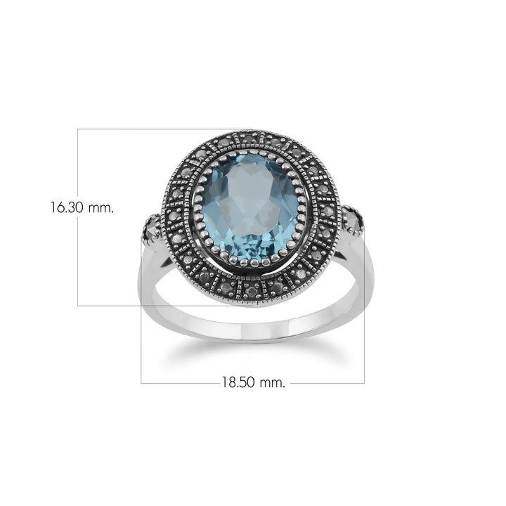 Art Deco Style Oval Blue Topaz & Marcasite Statement Cocktail Ring In Sterling Silver