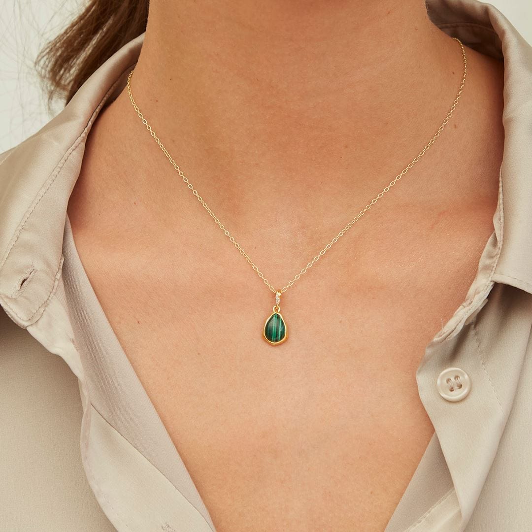 253P335301925 Irregular Malachite & Topaz Pendant In 18ct Gold Plated SterlIng Silver On Model
