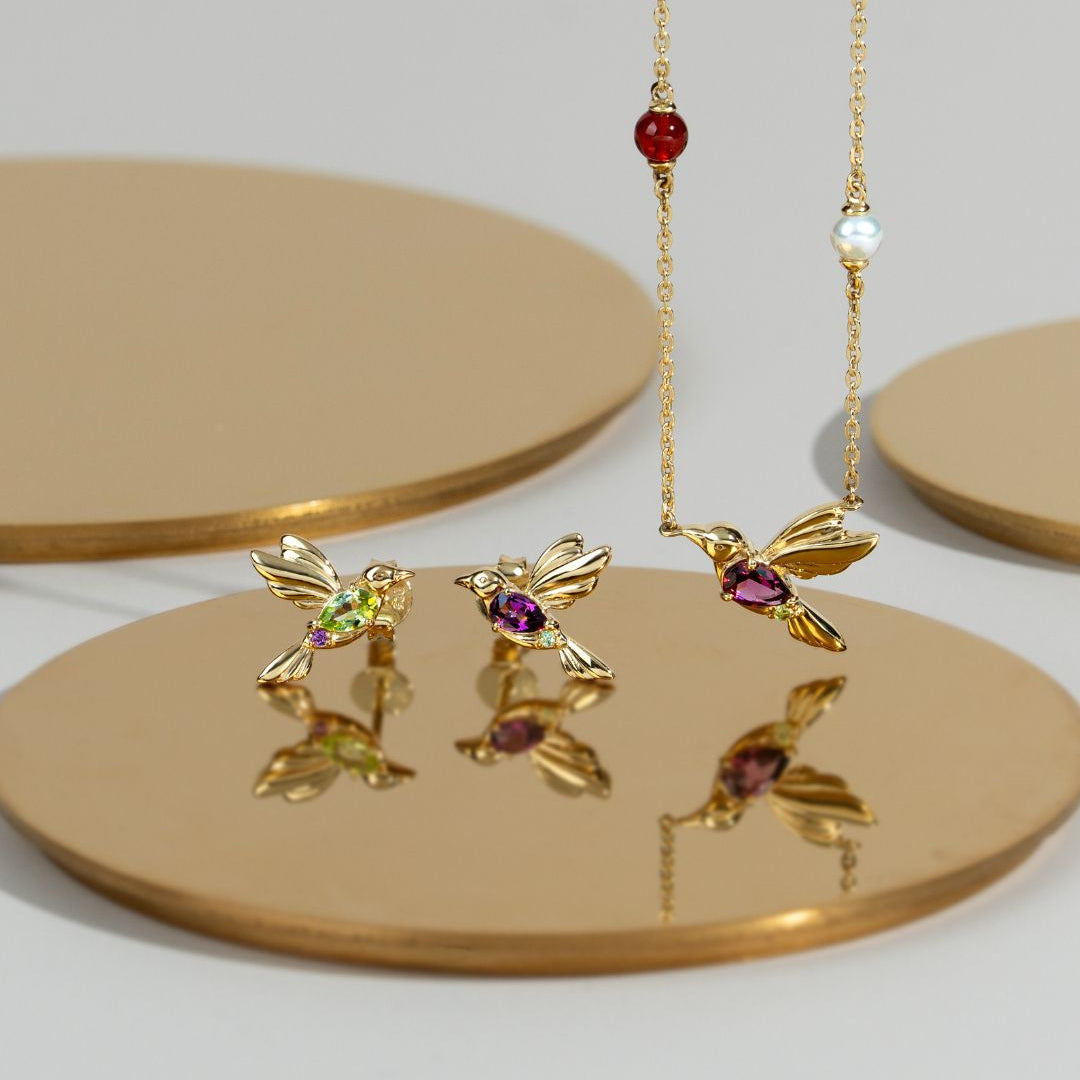 ECFEW™ Creator Mismatched Peridot & Rhodolite Hummingbird Stud Earrings in Gold Plated Sterling Silver