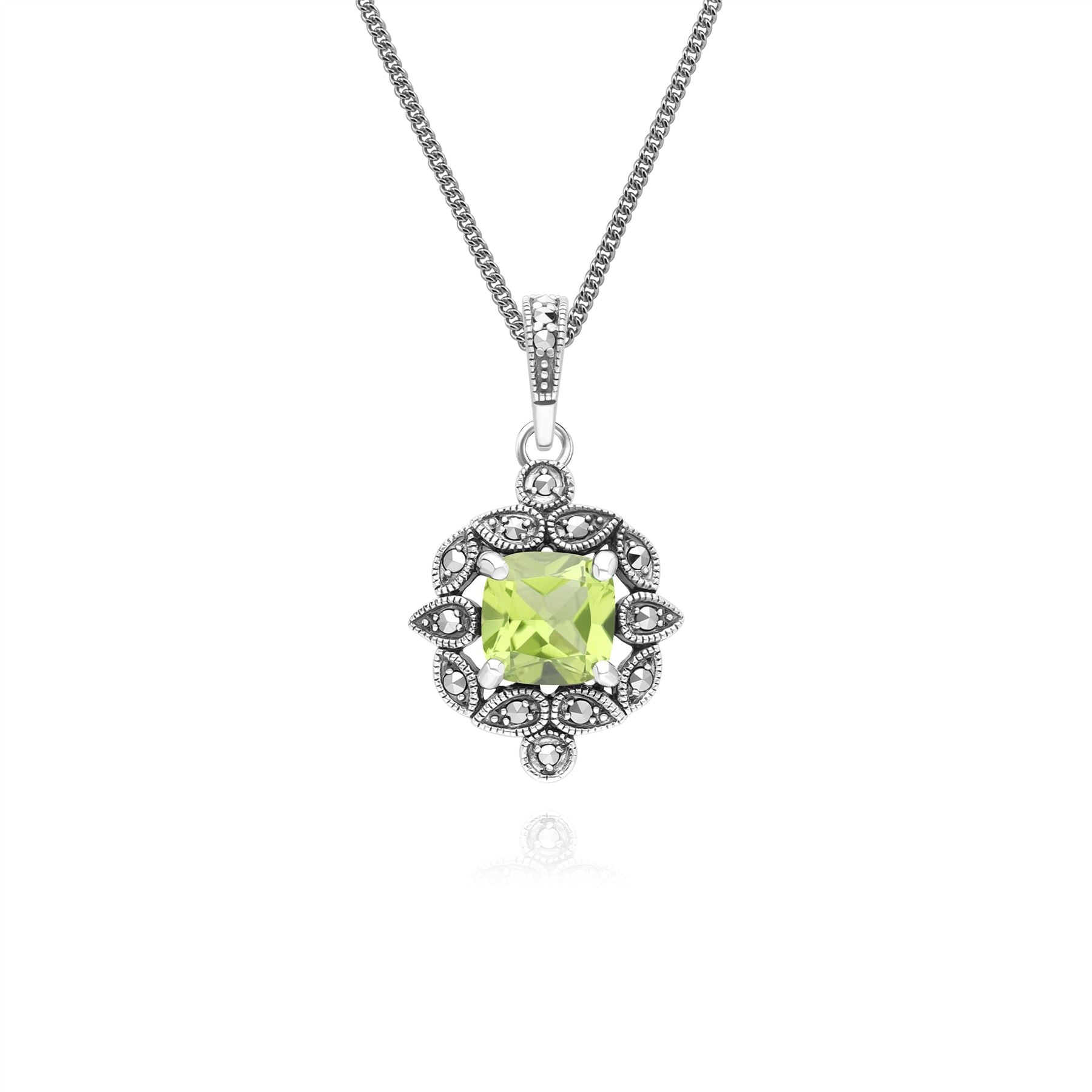 Art Deco Style Cushion Peridot & Marcasite Pendant Necklace in Sterling Silver