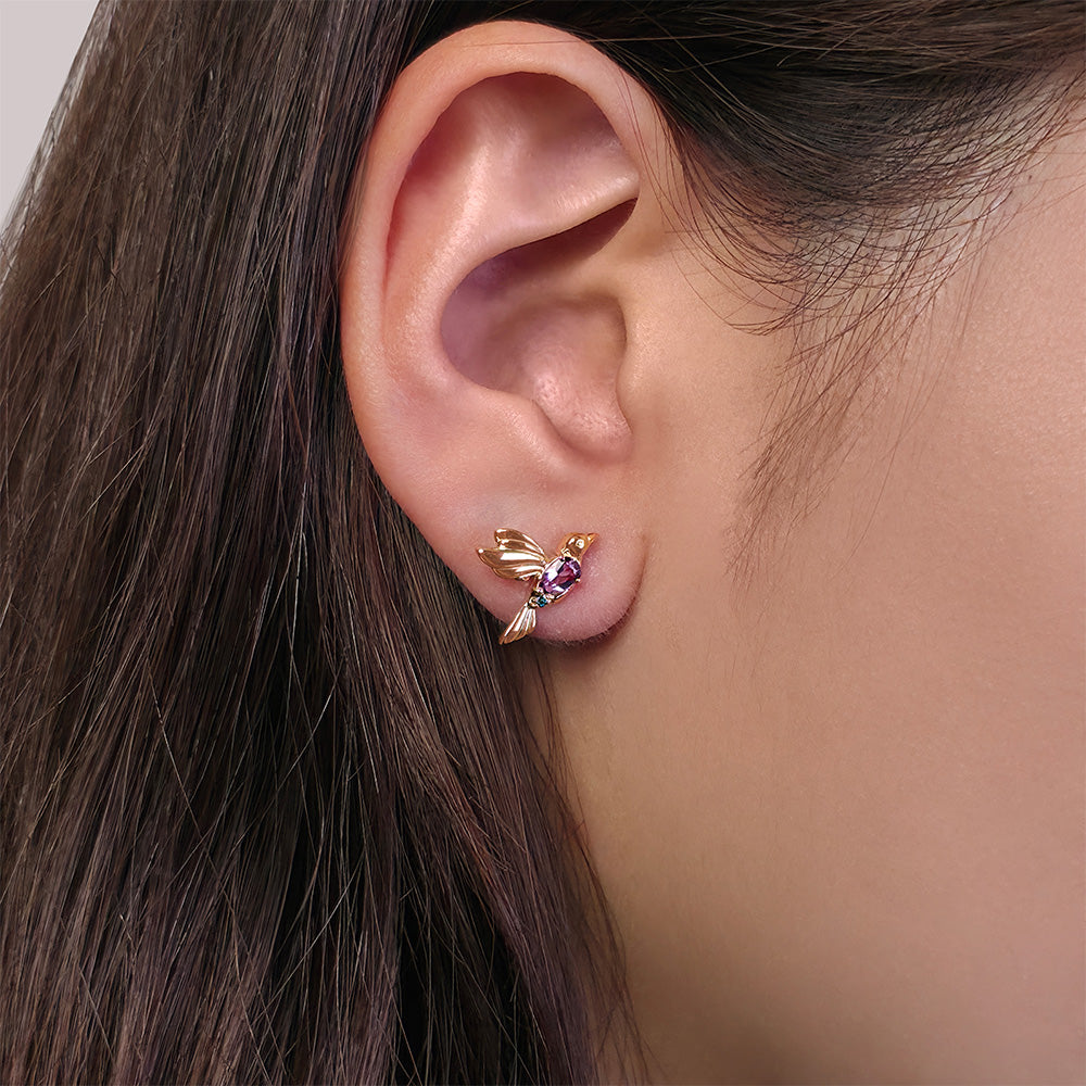 ECFEW™ Pink Amethyst and Blue Topaz Hummingbird Stud Earrings in 925 Sterling Silver