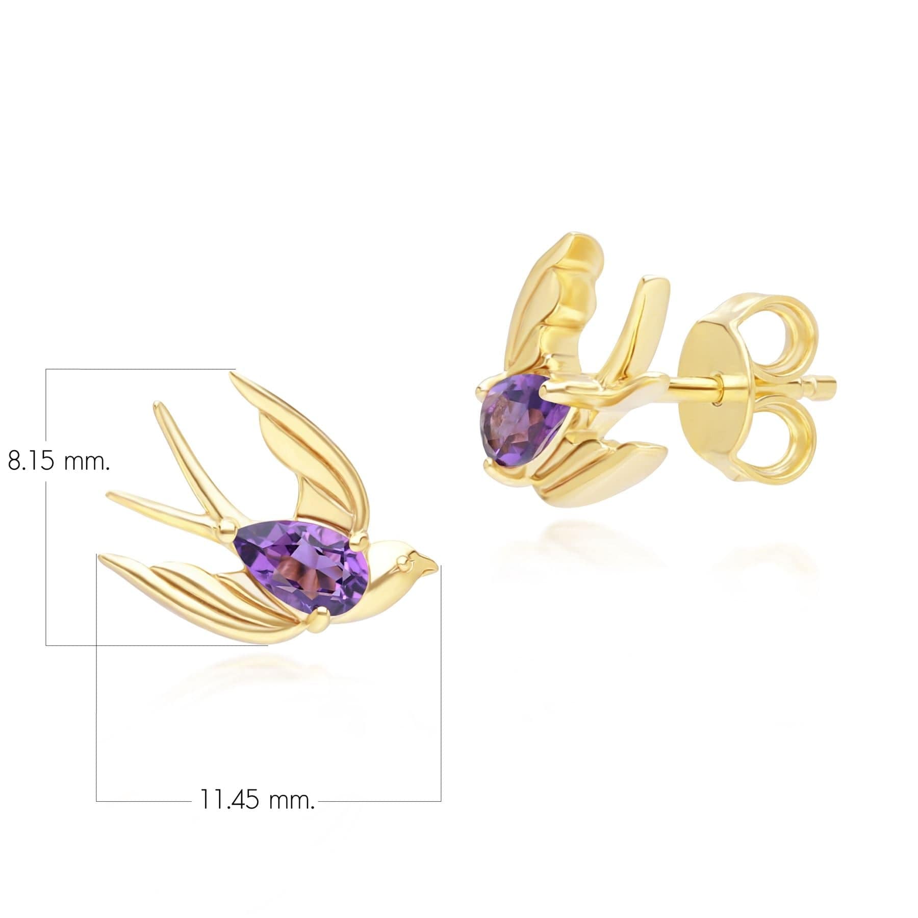 253E435203925 ECFEW™ Creator Amethyst Hummingbird Stud Earrings in Gold Plated Sterling Silver Dimensions