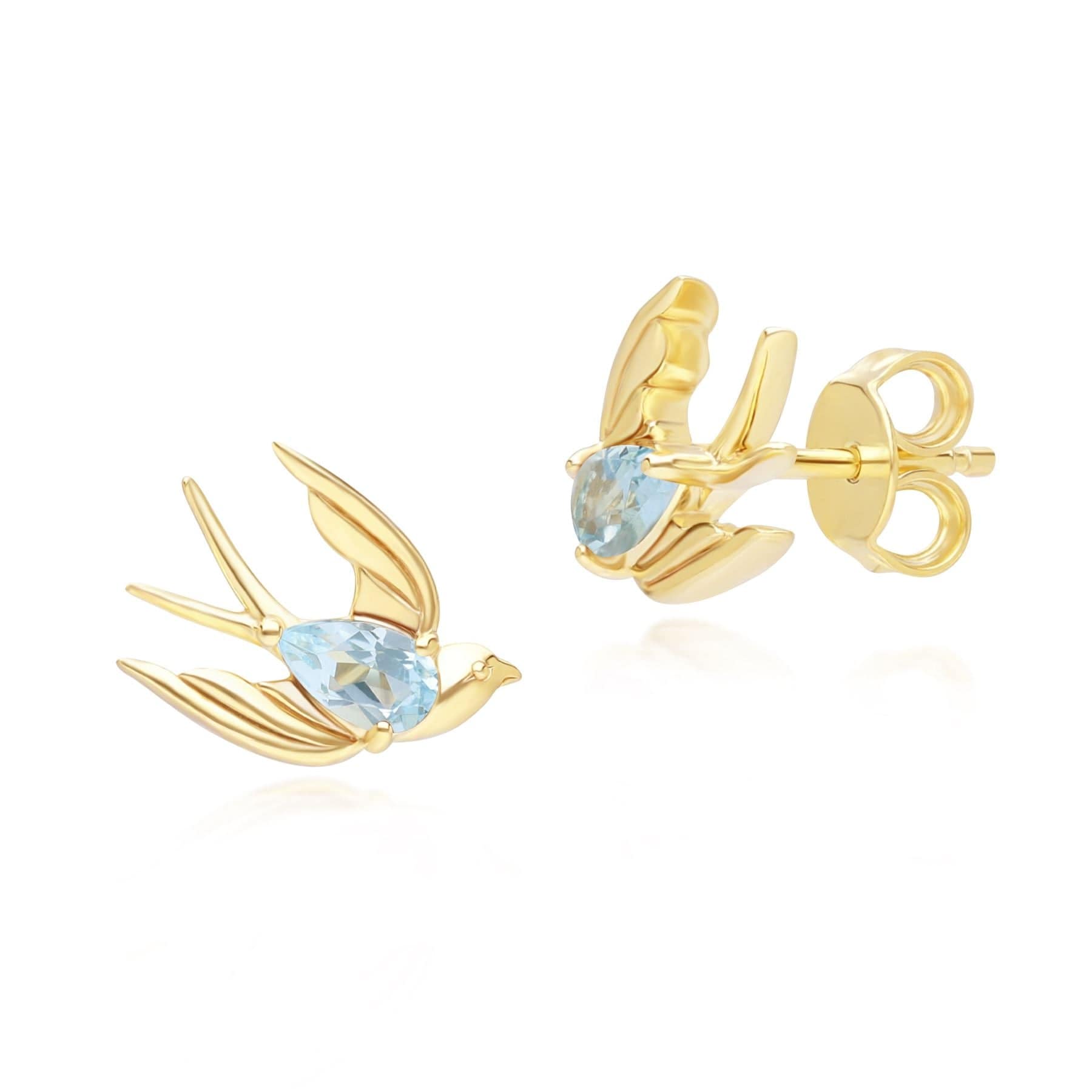 253E435204925 ECFEW™ Creator Blue Topaz Hummingbird Stud Earrings in Gold Plated Sterling Silver 