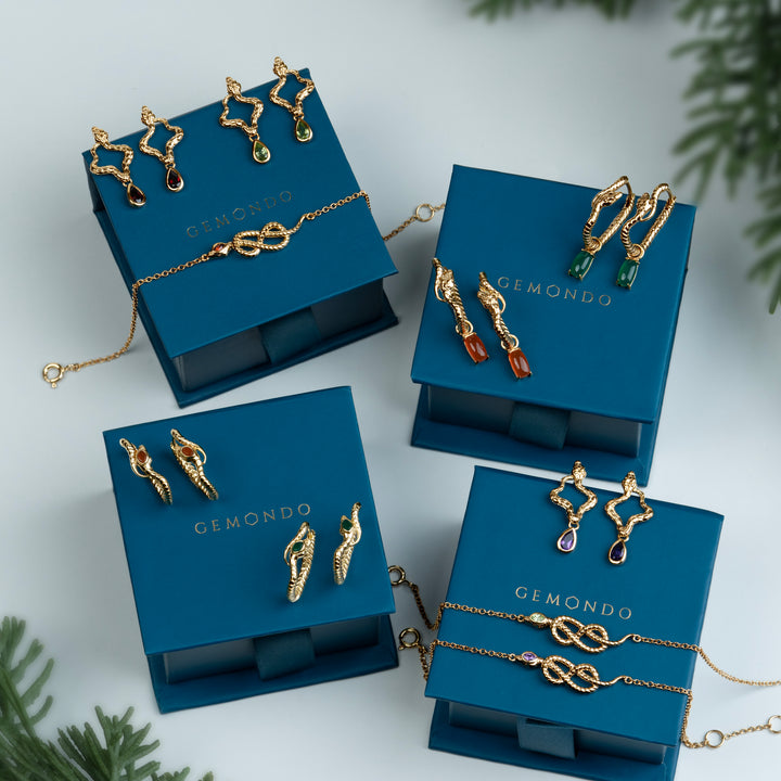 ECFEW™ Chalcedony Snake Dangle Hoop Earrings in Gold Plated Sterling Silver