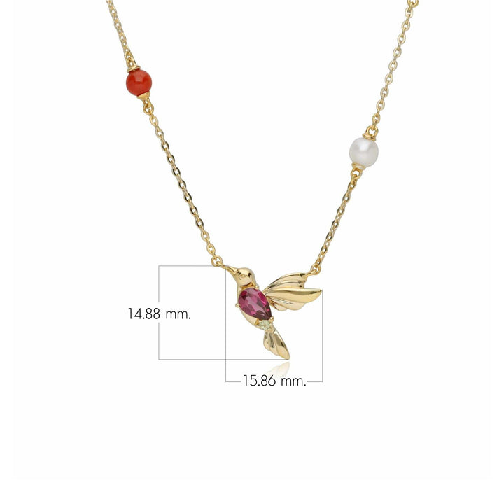 ECFEW™ Creator Rhodolite, Peridot, Malachite & Dyed Carnelian Hummingbird Necklace in Gold Plated Sterling Silver