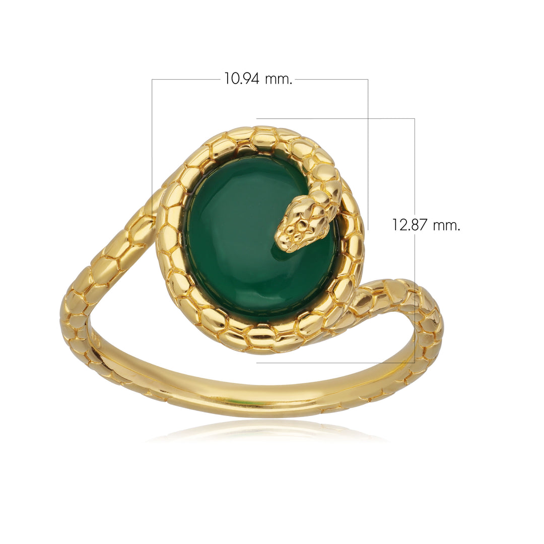 ECFEW™ Dyed Green Chalcedony Winding Snake Ring In Yellow Gold Plated Silver