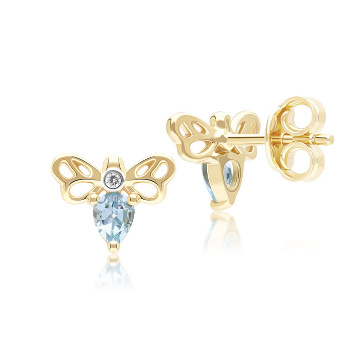 Honeycomb Art Nouveau Pear Shape Topaz and Diamond Bee Stud Earrings in 9ct Yellow Gold