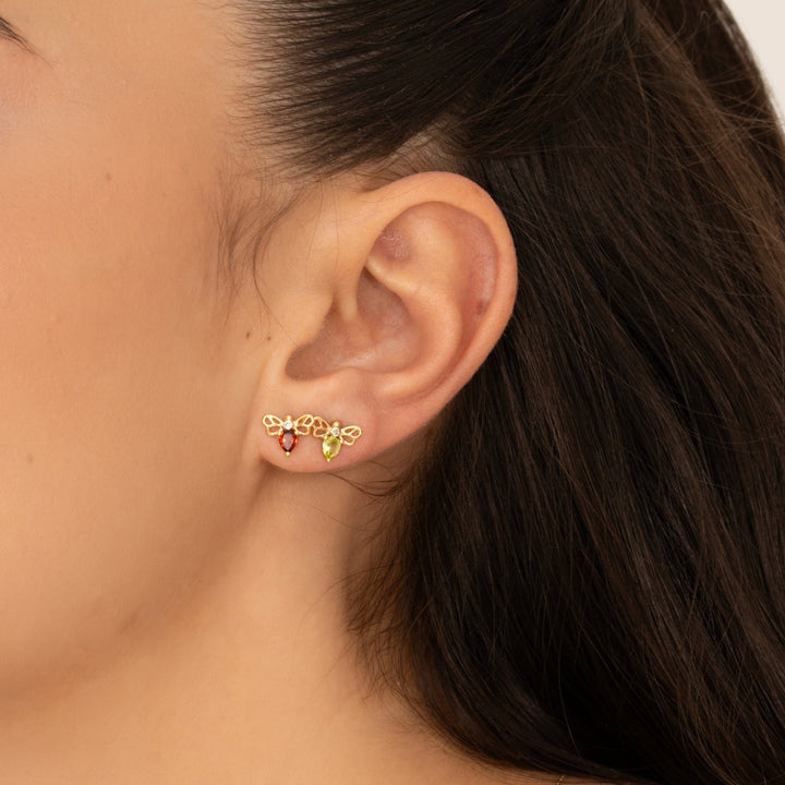 Honeycomb Art Nouveau Pear Shape Peridot and Diamond Bee Stud Earrings in 9ct Yellow Gold