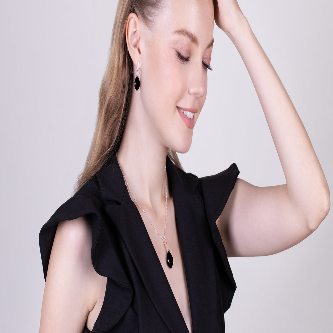 Art Deco Style Pear Black Onyx & Black Spinel Drop Earrings in 925 Sterling Silver