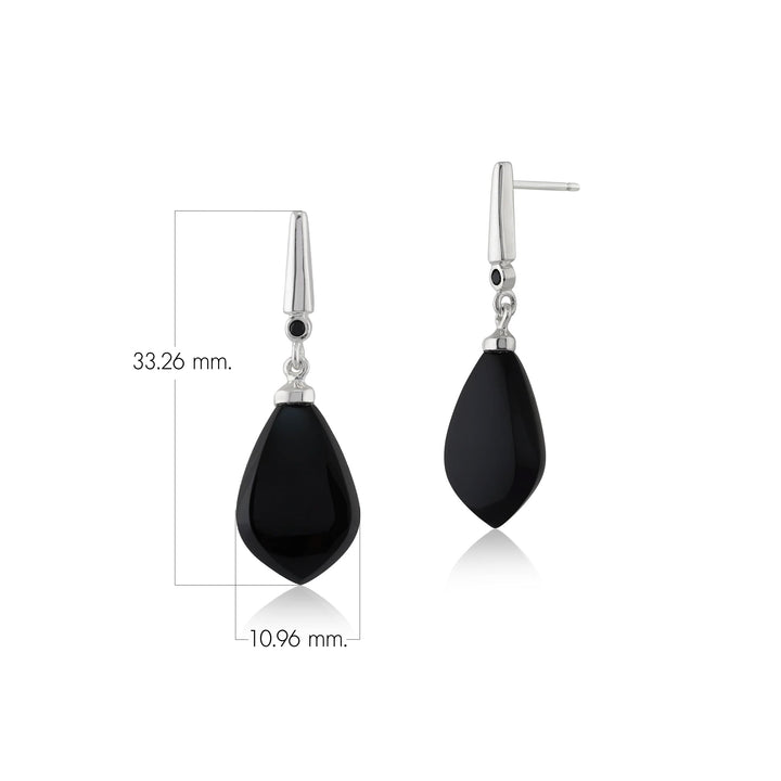 Art Deco Style Pear Black Onyx & Black Spinel Drop Earrings in 925 Sterling Silver