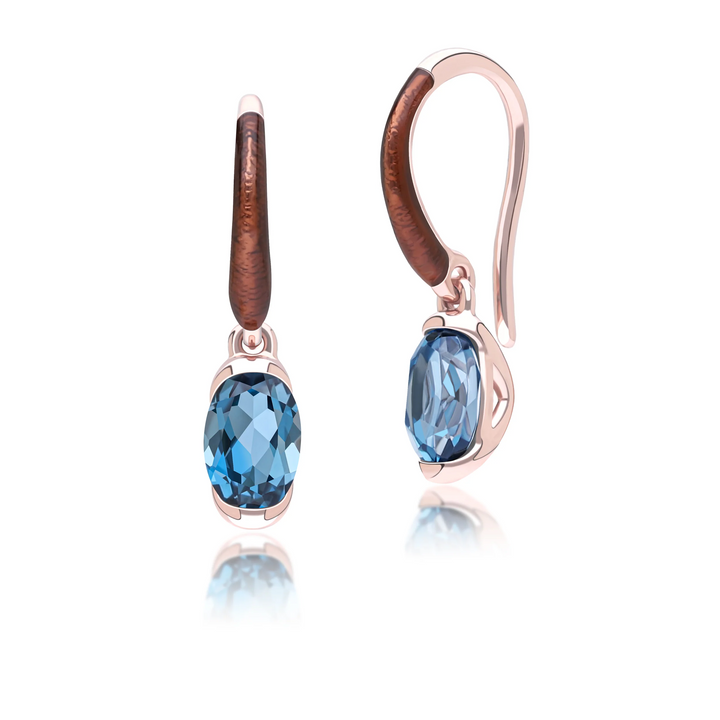 Siberian waltz Oval london blue topaz with brown enamelled half-bezel set french hook earrings in rose gold vermeil sterling silver