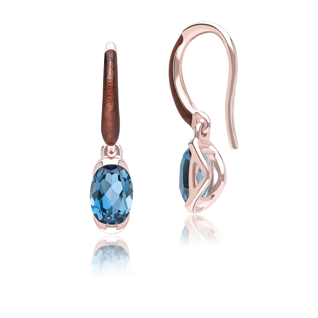 Siberian waltz Oval london blue topaz with brown enamelled half-bezel set french hook earrings in rose gold vermeil sterling silver