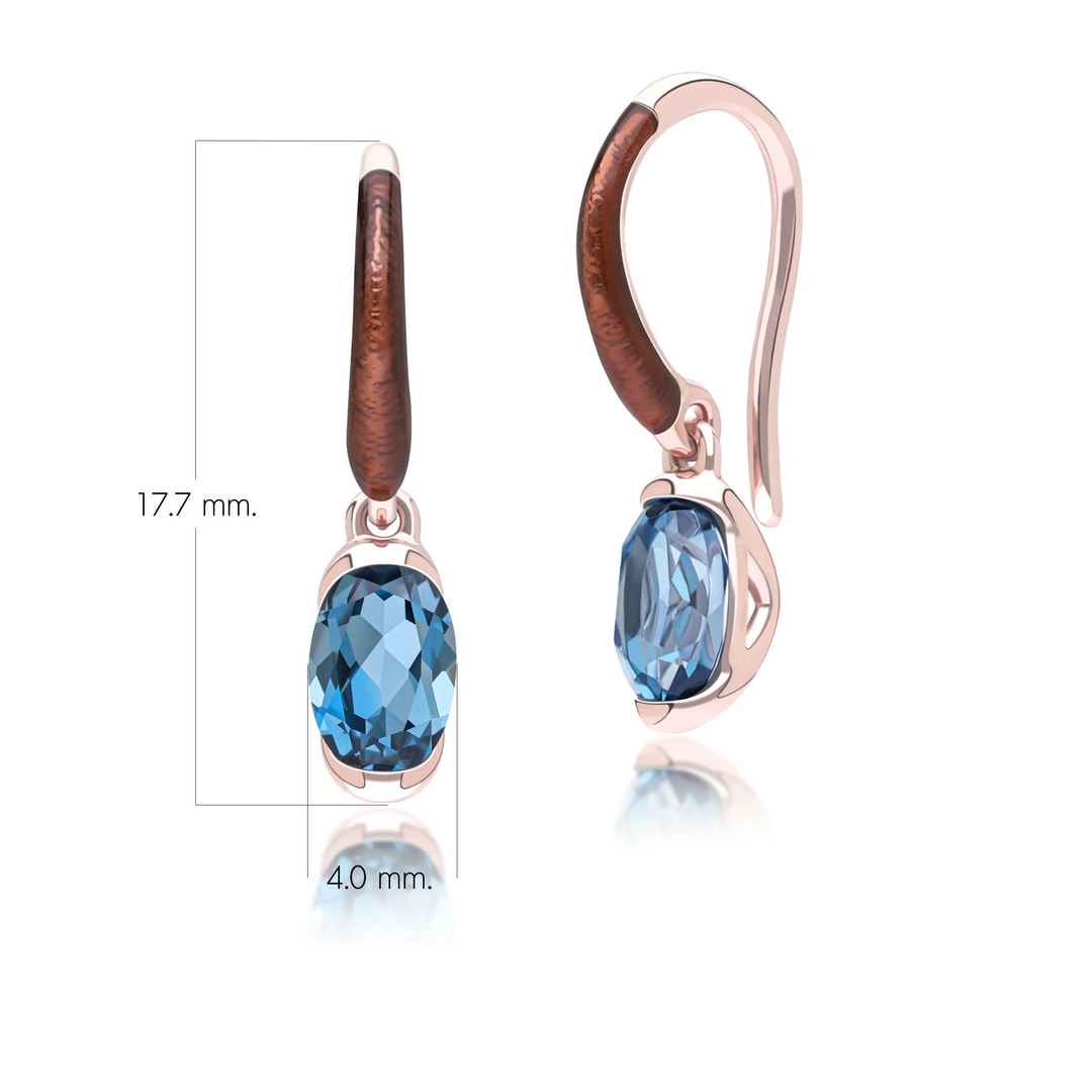 Siberian waltz Oval london blue topaz with brown enamelled half-bezel set french hook earrings in rose gold vermeil sterling silver