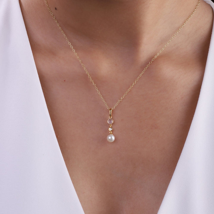 270P030702925 Modern Pearl, Moonstone & Topaz Drop Pendant in Rose Gold Plated Silver 2