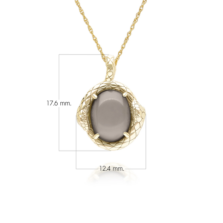 ECFEW Oval Black Moonstone snake two-headed coiled bezel-set cabochon pendant necklace in gold vermeil sterling silver