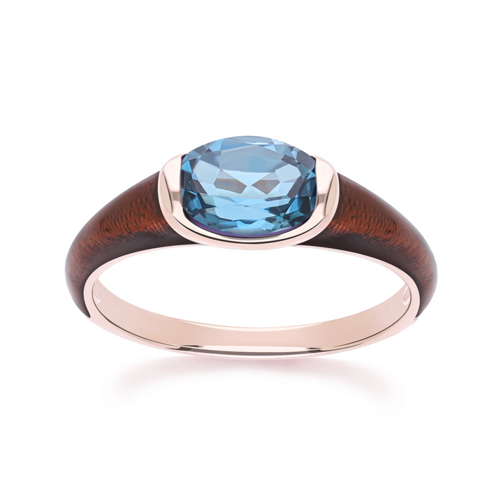Siberian waltz Oval london blue topaz with brown enamelled half-bezel ring in rose gold vermeil sterling silver