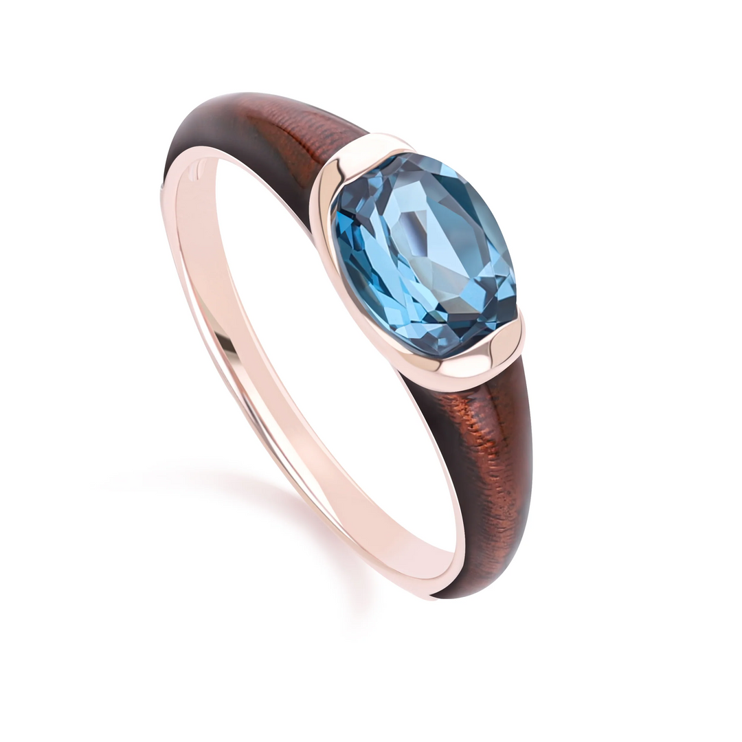 Siberian waltz Oval london blue topaz with brown enamelled half-bezel ring in rose gold vermeil sterling silver