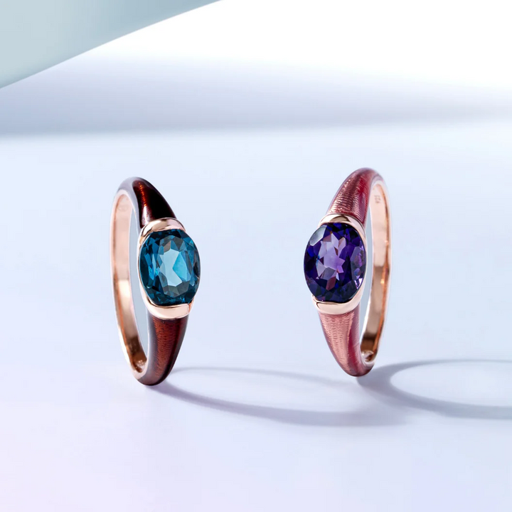 Siberian waltz Oval london blue topaz with brown enamelled half-bezel ring in rose gold vermeil sterling silver