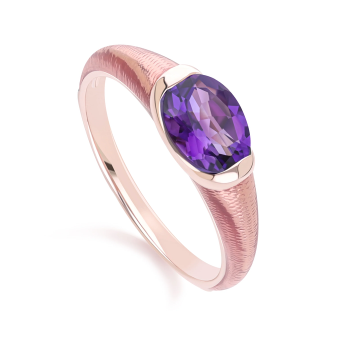 Siberian waltz Oval amethyst with violet enamelled half-bezel ring in rose gold vermeil sterling silver