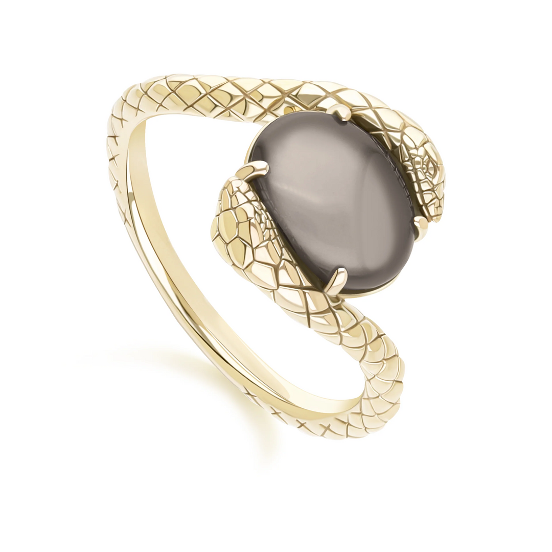 ECFEW Oval black moonstone by pass snake set cabochon ring in gold vermeil sterling silver