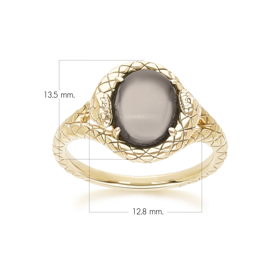 ECFEW Oval Black Moonstone snake two-headed coiled bezel-set cabochon ring in gold vermeil sterling silver