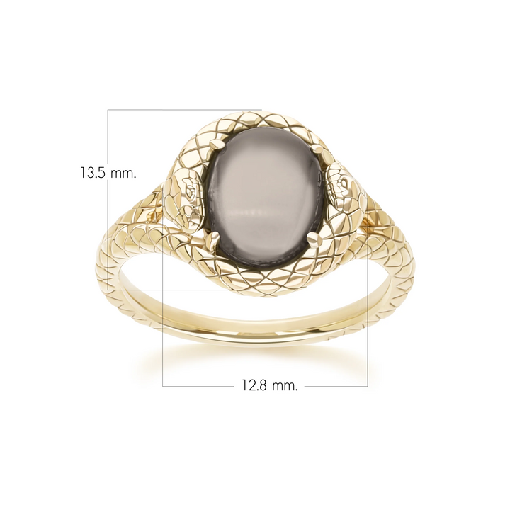 ECFEW Oval Black Moonstone snake two-headed coiled bezel-set cabochon ring in gold vermeil sterling silver