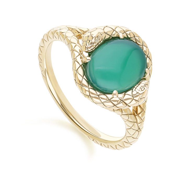 ECFEW Oval dyed green chalcedony snake two-headed coiled bezel-set cabochon ring in gold vermeil sterling silver