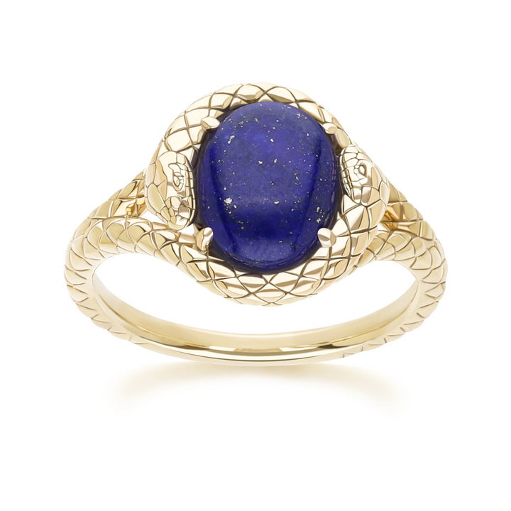 ECFEW™ Oval lapis lazuli snake two-headed coiled bezel-set cabochon ring in gold vermeil sterling silver