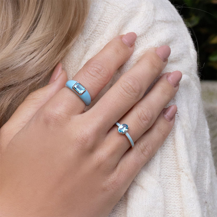 Siberian Waltz Blue Enamel & Oval Sky Blue Topaz Ring In Rose Gold Vermeil