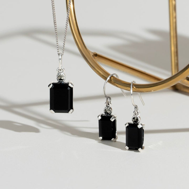 Art Deco Style Octagon Black Onyx & Marcasite Pendant in 925 Sterling Silver