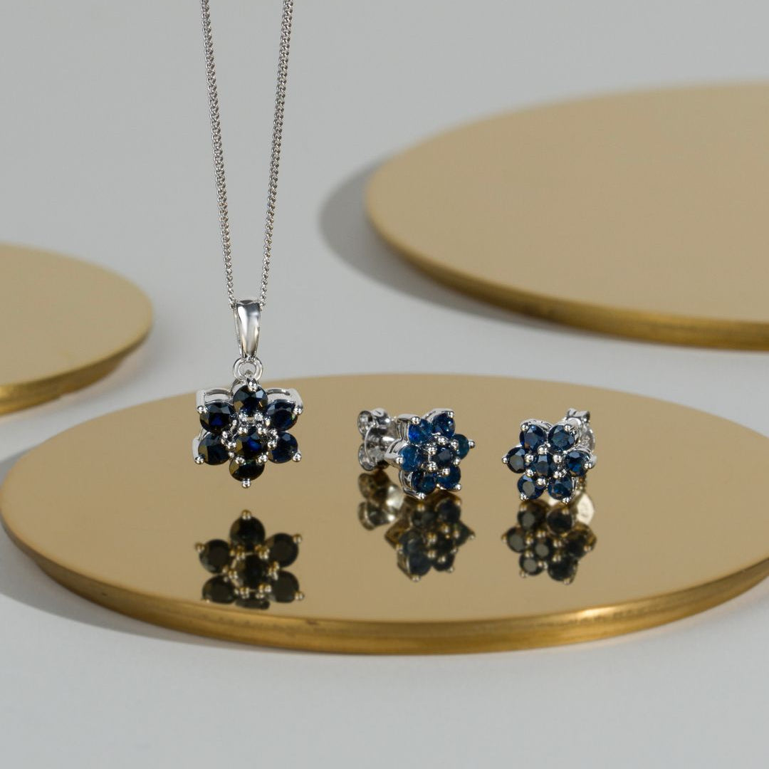 Floral Round Sapphire Flower Cluster Stud Earrings & Pendant Set in 925 Sterling Silver