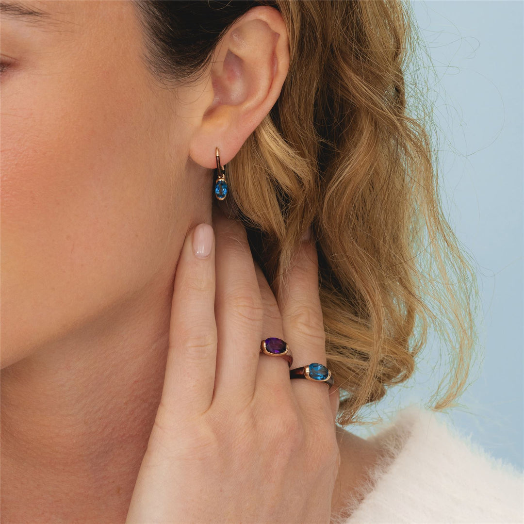 Siberian waltz Oval london blue topaz  with brown enamelled half-bezel set french hook earrings in rose gold vermeil sterling silver
