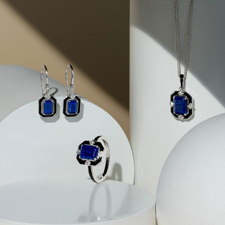 Grand Deco Black Enamel, Lapis Lazuli & Topaz Pendant Necklace in Sterling Silver
