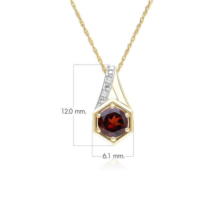 Geometric Hexagon with Prong set Round Garnet and Diamond Pendant Necklace in 9ct Yellow Gold