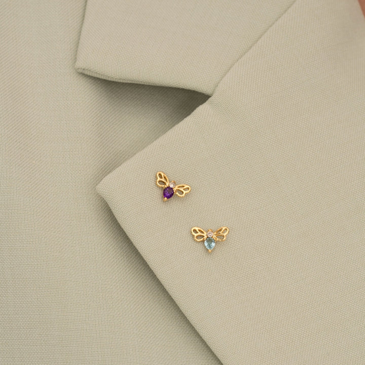 Honeycomb Art Nouveau Pear Shape Amethyst and Diamond Bee Pin in 9ct Yellow Gold