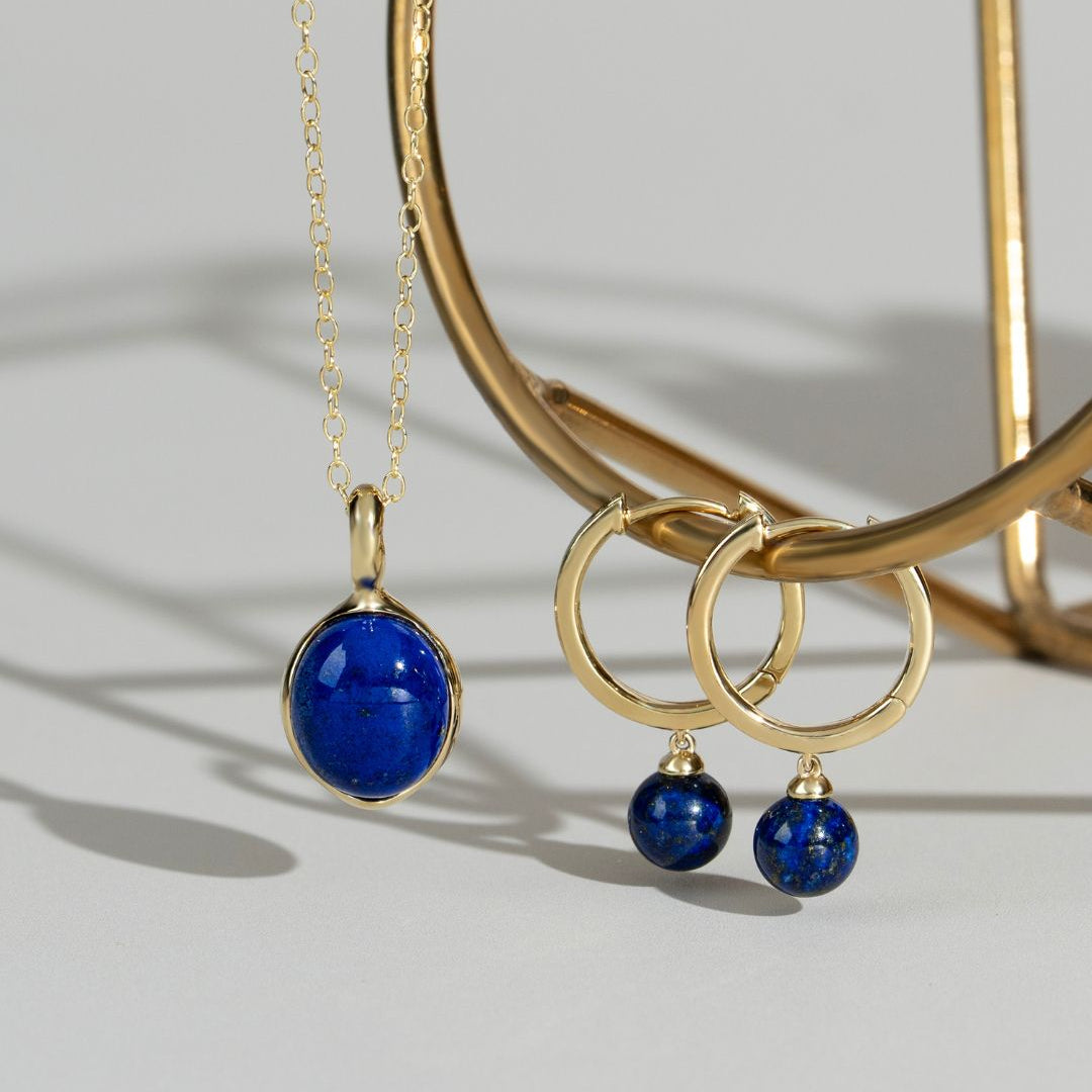 Caruso Lapis Lazuli Dangle Hoop Earrings in Gold Plated Sterling Silver